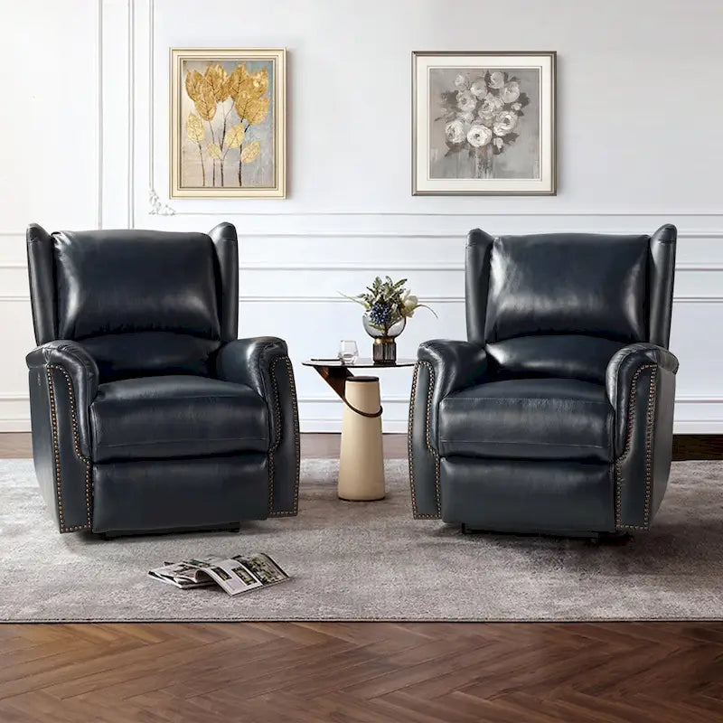 Poltrona relax elettrica in vera pelle con porta USB - Set di 2 con schienale a orecchioni e borchie