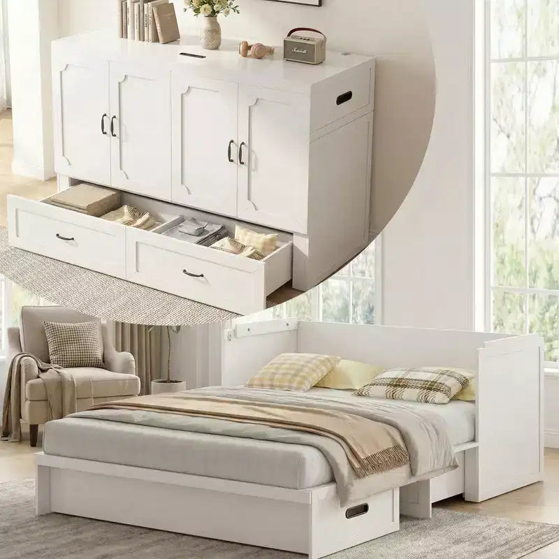 Mjkone umwandelbares Murphy-Schrankbett in Queen-Size mit Matratze, USB-Ladefunktion und Aufbewahrungsschubladen