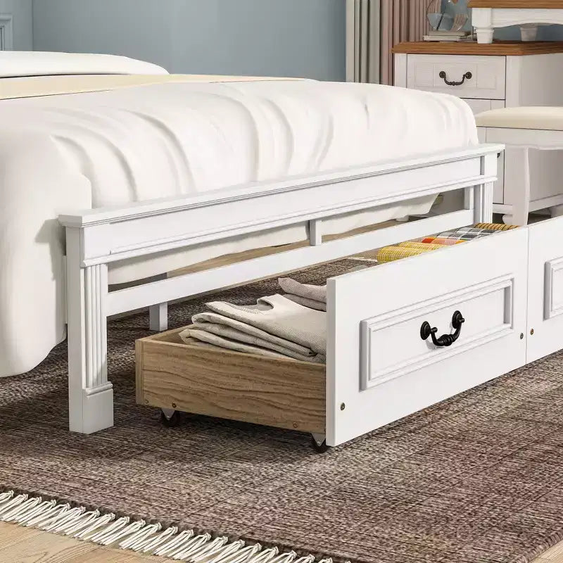 ModernLuxe Queen/King Size Platform Bed with Tall Headboard, Rustic Wood Bed Frame with 2 Drawers, LED Lights & USB Ports