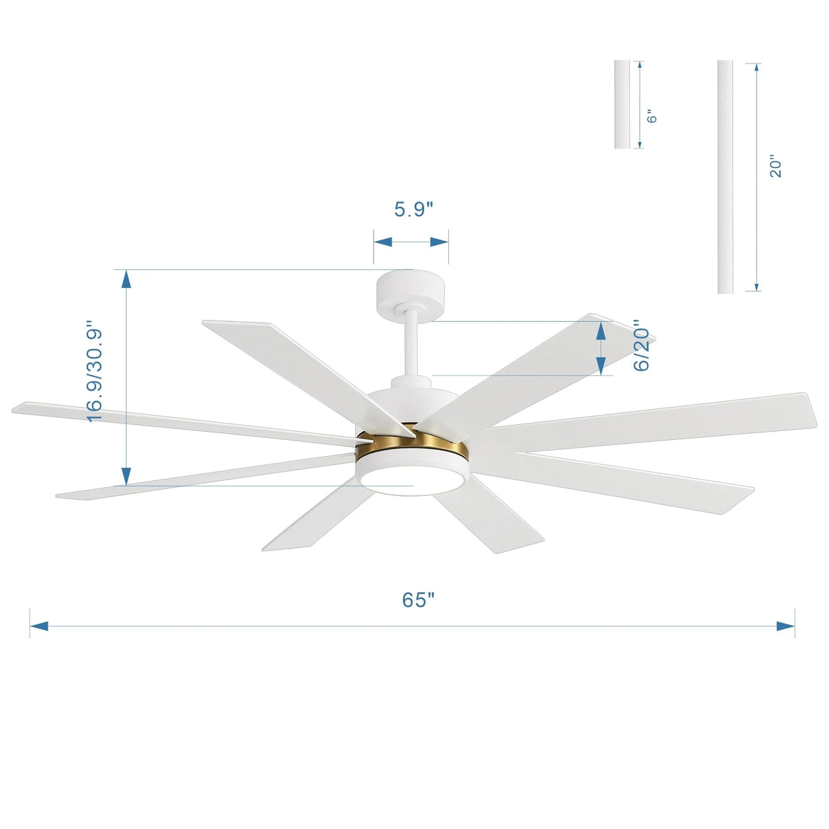 Ventilatore da soffitto nero da 65 pollici con 8 pale, LED, luce e telecomando