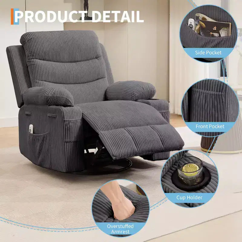 Siġġu recliner kbir li jdur 360 u jitbandal, bil-massaġġi u s-sħana - siġġu ergonomiku għar-rilassament b'holders għat-tazzi u bwiet tal-ġenb għall-kamra tal-għixien u l-mixtla