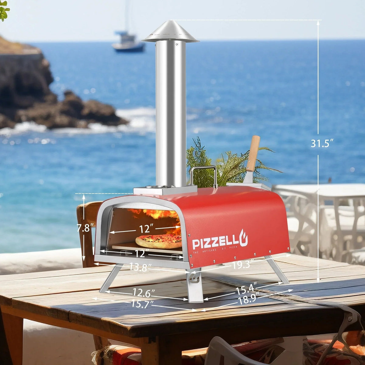 Forn tal-pizza ta’ barra b’diversi fjuwils, apparat għall-pizza moħmija fuq il-ġebel b’berner tal-gass u kaxxa għall-injam - 12-il pulzier