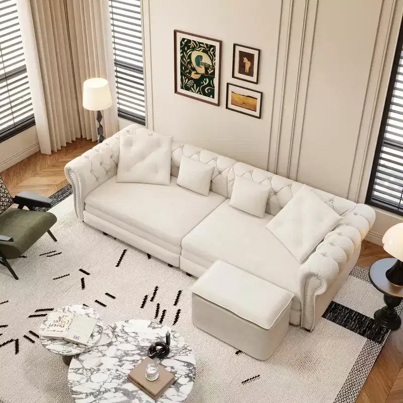 Divano Letto Estraibile 3-in-1 King Size in Velluto Whisen e Divano Letto Convertibile con Ottomana Mobile, Design Trapuntato