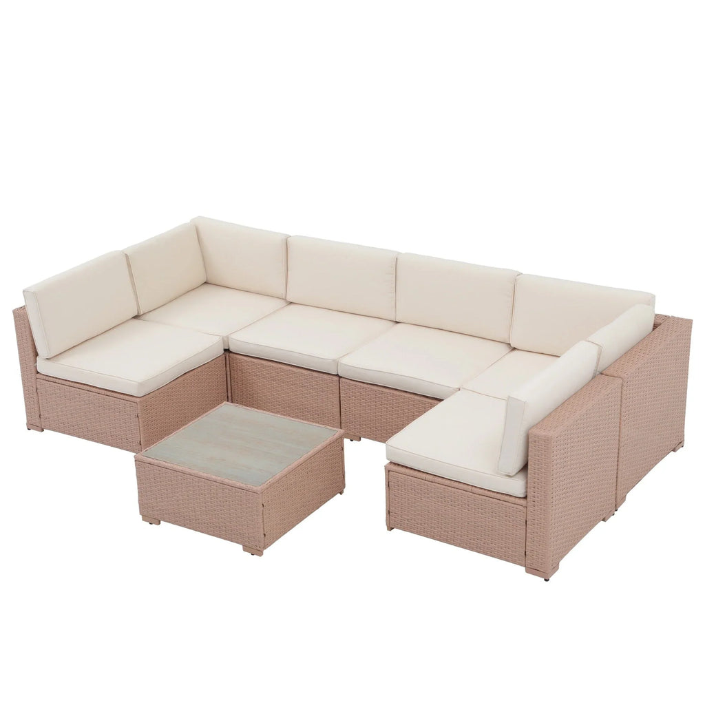 7-teiliges Outdoor-Sitzgruppen-Set aus Korbgeflecht und Stahl mit Polsterung