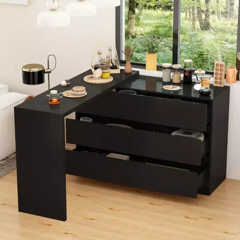 Credenza buffet girevole/estensibile intelligente con 6 cassetti, piano di lavoro estensibile, tappetino antiscivolo, tavolo da pranzo girevole, dispensa a isola da cucina