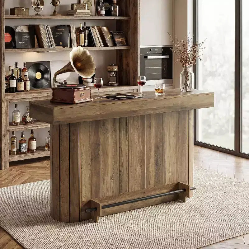 Tavolo da bar Lantine, mobile bar in legno da 63 pollici con poggiapiedi in metallo, tavolo da pub con mensole portaoggetti per soggiorno, bistrot e sala da pranzo (marrone)