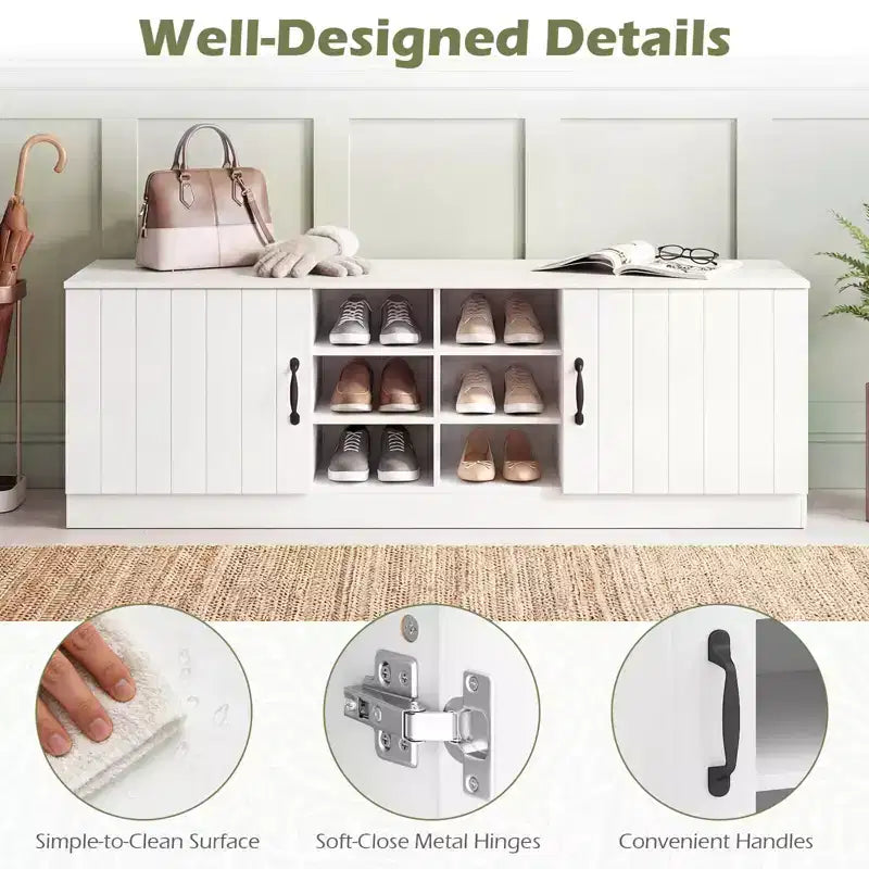 2-Door Shoe Bench wirh Adjustable Shelves Hidden Storage Space Natural + White/Whi5te