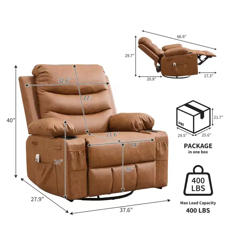 Siġġu recliner kbir li jdur 360 u jitbandal, bil-massaġġi u s-sħana - siġġu ergonomiku għar-rilassament b'holders għat-tazzi u bwiet tal-ġenb għall-kamra tal-għixien u l-mixtla