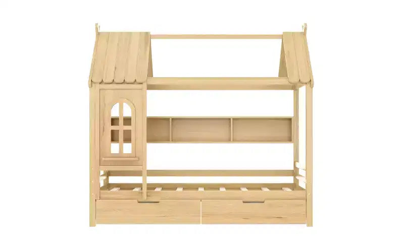 Letto a piattaforma a forma di casetta con cassetti contenitore e finestra, struttura in legno massello con ripiani, design giocoso per bambini, bianco chiaro