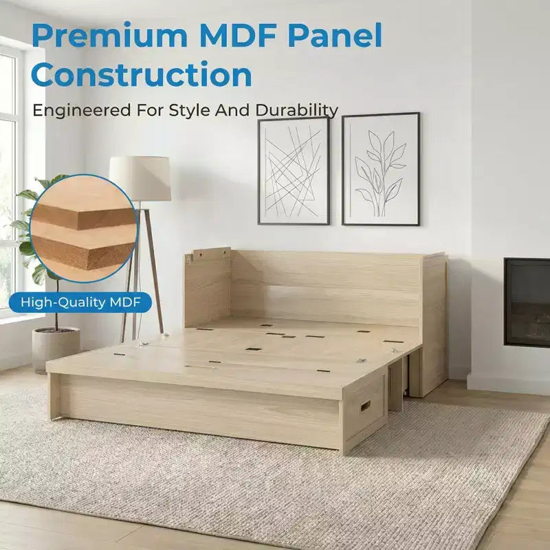 Letto armadio trasformabile Murphy Queen Size Mjkone con materasso, ricarica USB e cassetti contenitori