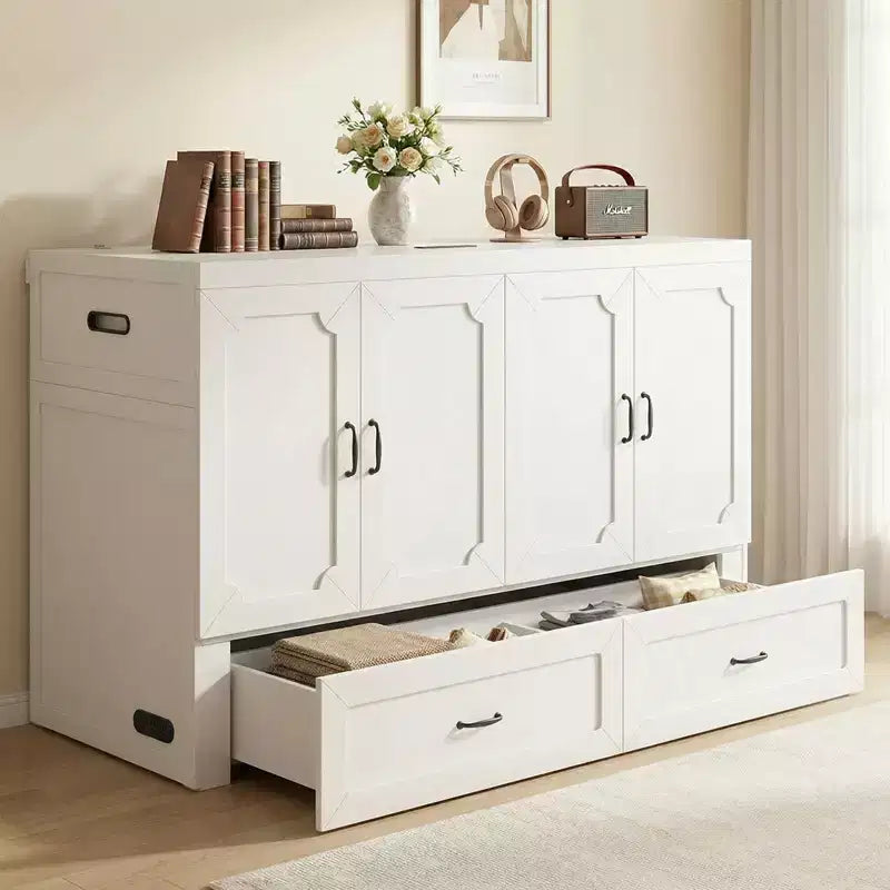 Letto armadio trasformabile Murphy Queen Size Mjkone con materasso, ricarica USB e cassetti contenitori