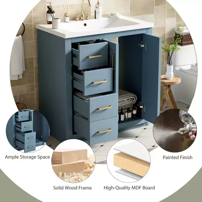 Mobile da bagno da 30" con lavabo singolo, armadietto e 3 cassetti – Nero / Blu / Verde / Indaco / Bianco
