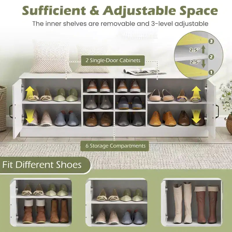 2-Door Shoe Bench wirh Adjustable Shelves Hidden Storage Space Natural + White/Whi5te