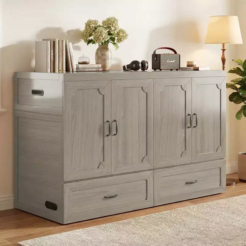 Letto armadio trasformabile Murphy Queen Size Mjkone con materasso, ricarica USB e cassetti contenitori