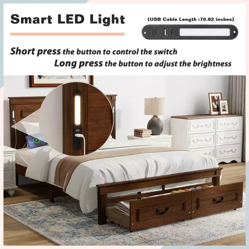 ModernLuxe Queen/King Size Platform Bed with Tall Headboard, Rustic Wood Bed Frame with 2 Drawers, LED Lights & USB Ports