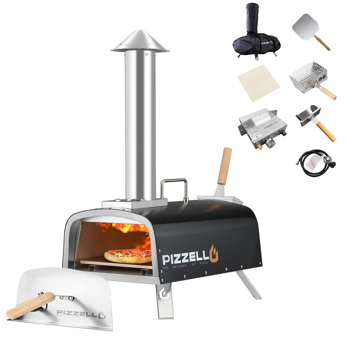 Forn tal-pizza ta’ barra b’diversi fjuwils, apparat għall-pizza moħmija fuq il-ġebel b’berner tal-gass u kaxxa għall-injam - 12-il pulzier
