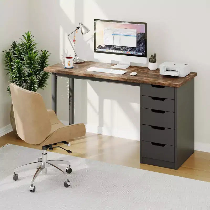 Desk tal-kompjuter ta’ 47 Pulzier b’5 kxaxen għall-ħażna, mejda moderna rustika riversibbli għall-istudju u l-kitba, workstation għall-uffiċċju tad-dar għal spazji żgħar