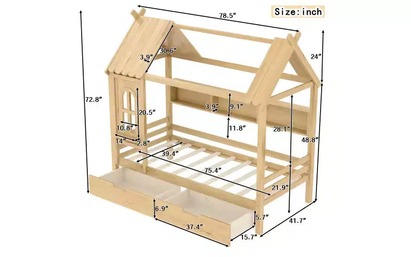 Letto a piattaforma a forma di casetta con cassetti contenitore e finestra, struttura in legno massello con ripiani, design giocoso per bambini, bianco chiaro