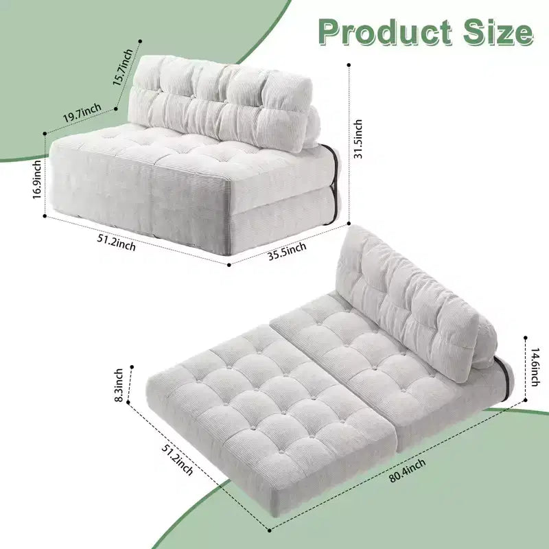 Zusammenklappbares Cord-Schlafsofa als Futon in Full-Größe, umwandelbarer Bodenschlafsessel mit Kissen und Rückenstütze