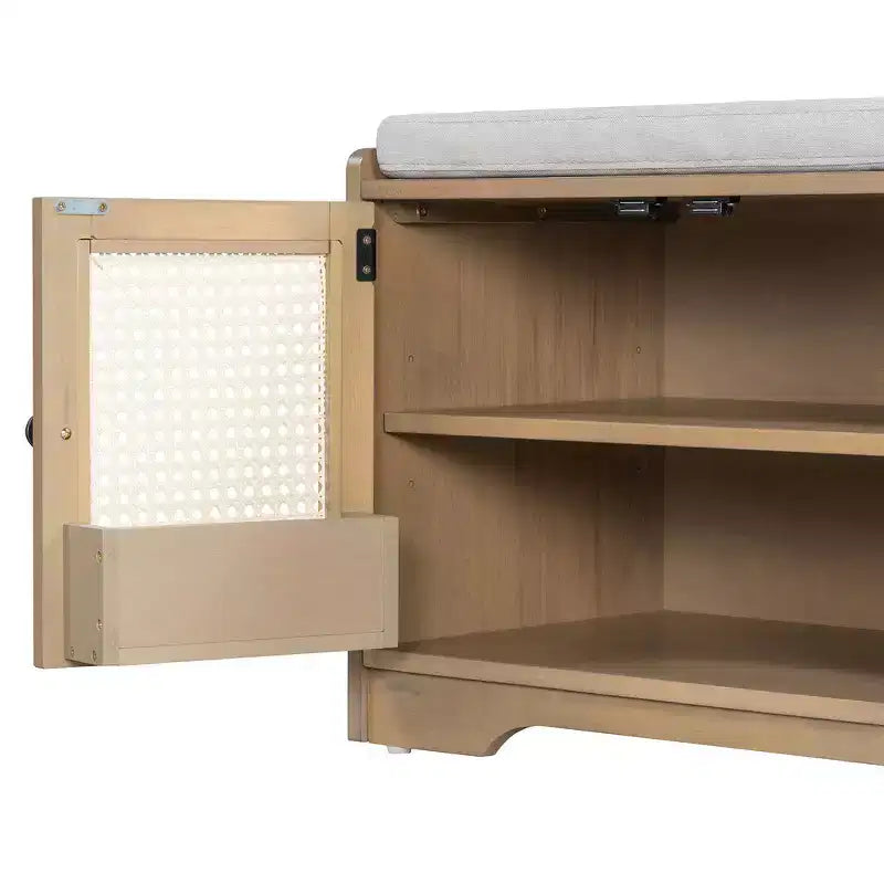 Panca contenitore in legno rustico Whisen, panca portascarpe per ingresso con cuscino rimovibile e ripiani regolabili