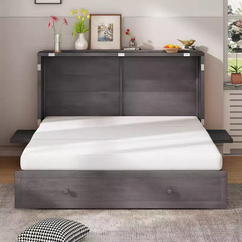 Letto a scomparsa queen Mjkone, letto a cubo con armadio contenitore, stazione di ricarica e spazio portaoggetti