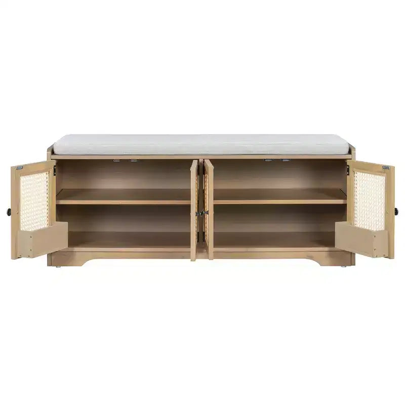 Panca contenitore in legno rustico Whisen, panca portascarpe per ingresso con cuscino rimovibile e ripiani regolabili