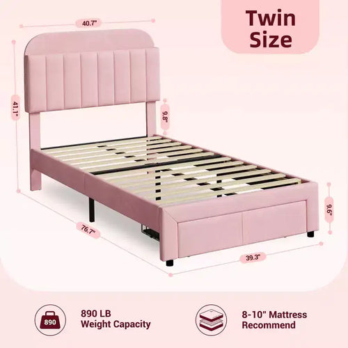 Bedframe voor 2 eenpersoonsbedden met opbergladen en hoofdbord, fluweel bekleed, laag model, geluidloos, eenvoudig te monteren, roze