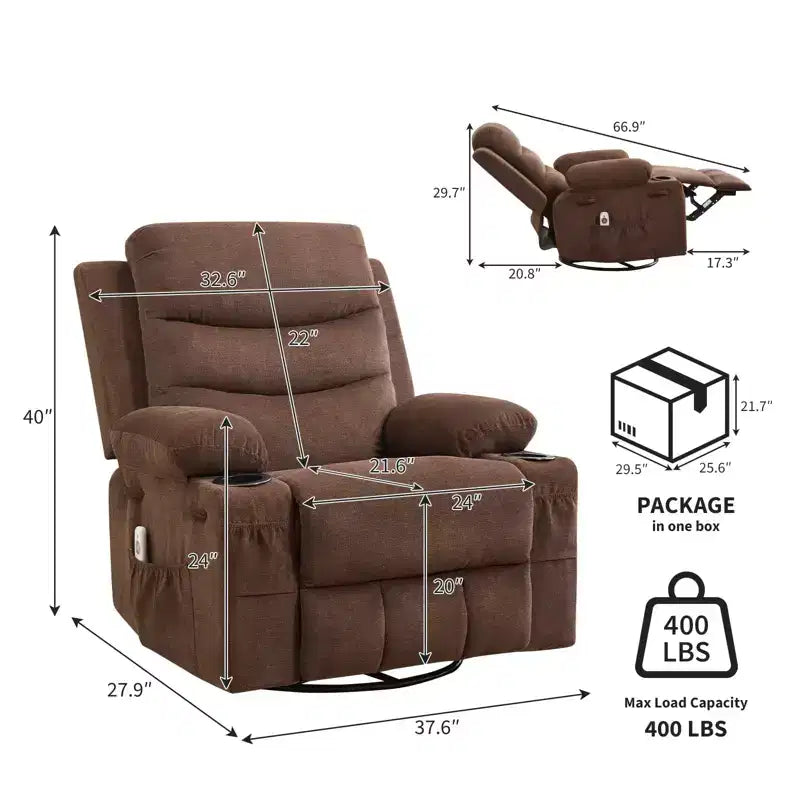 Siġġu recliner kbir li jdur 360 u jitbandal, bil-massaġġi u s-sħana - siġġu ergonomiku għar-rilassament b'holders għat-tazzi u bwiet tal-ġenb għall-kamra tal-għixien u l-mixtla