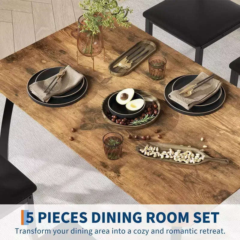 Set da cucina composto da tavolo e sedie con struttura in metallo, 5 pezzi, con design smussato