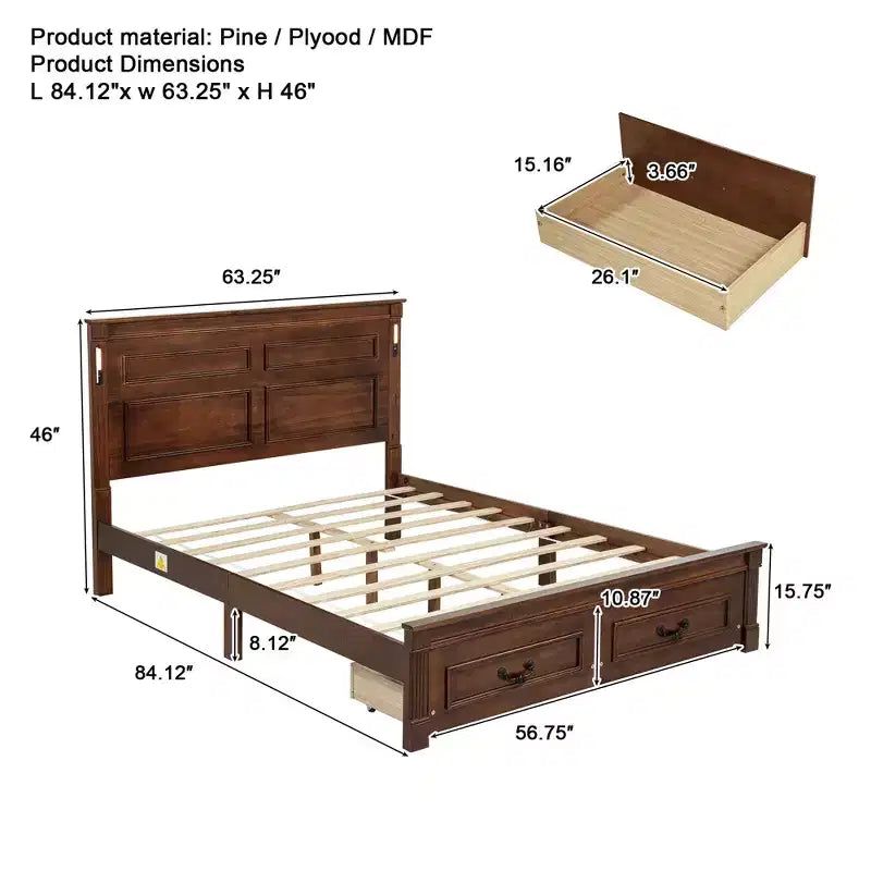 ModernLuxe Queen/King Size Platform Bed with Tall Headboard, Rustic Wood Bed Frame with 2 Drawers, LED Lights & USB Ports