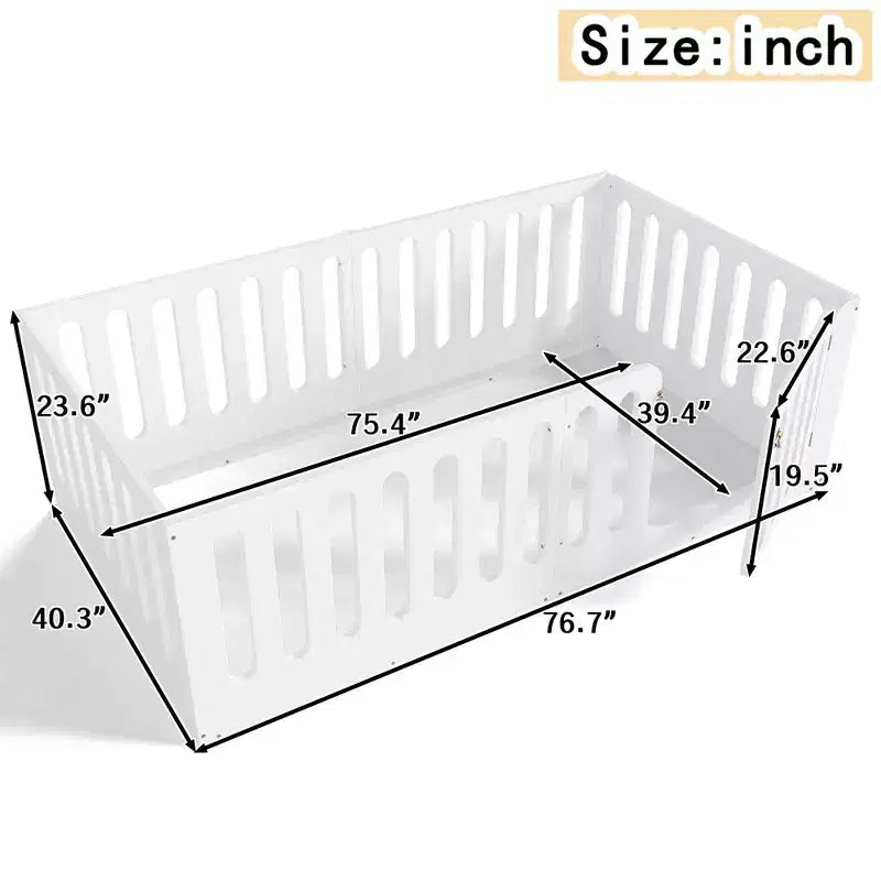 Letto Montessori a terra per bambini, singolo, bianco, con sponde e cancelletto – Legno massello, 1 posto