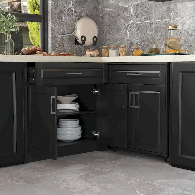 Mobile angolare da cucina efficiente, isola da cucina a L: ampio spazio contenitore con cassetti scorrevoli fluidi, piano di lavoro con protezione UV