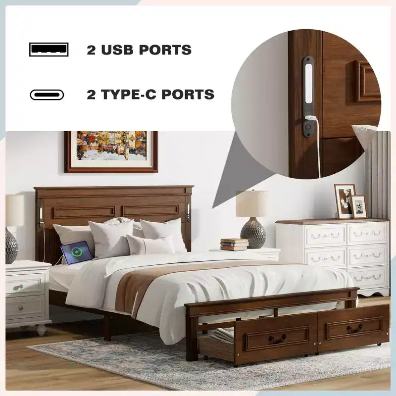ModernLuxe Queen/King Size Platform Bed with Tall Headboard, Rustic Wood Bed Frame with 2 Drawers, LED Lights & USB Ports