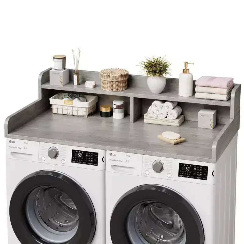 Houten opzetblad voor wasmachine en droger, 54 inch aanrechtblad voor de wasruimte met opbergplank met 2 niveaus, antislip werkoppervlak met opstaande randen voor een georganiseerde wasruimte