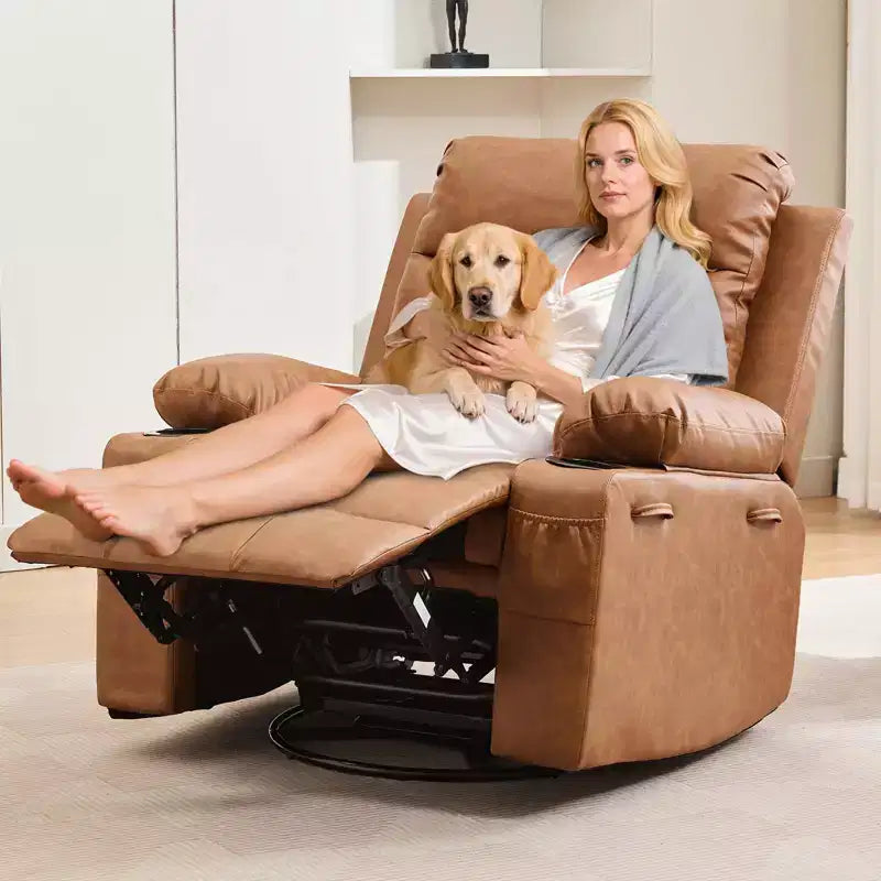 Siġġu recliner kbir li jdur 360 u jitbandal, bil-massaġġi u s-sħana - siġġu ergonomiku għar-rilassament b'holders għat-tazzi u bwiet tal-ġenb għall-kamra tal-għixien u l-mixtla
