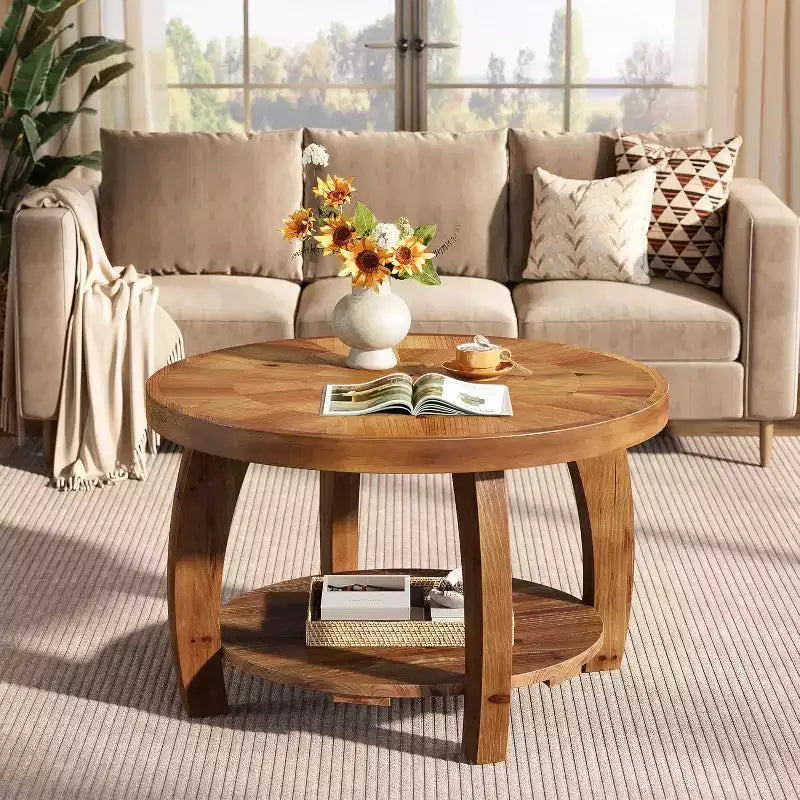 Lantine Solid Wood Round Coffee Table, 2-Tier Center Table with Storage, 31.5 Inch Tabletop with Mosaic Pattern, Easy Assembly, for Living Room, Brown