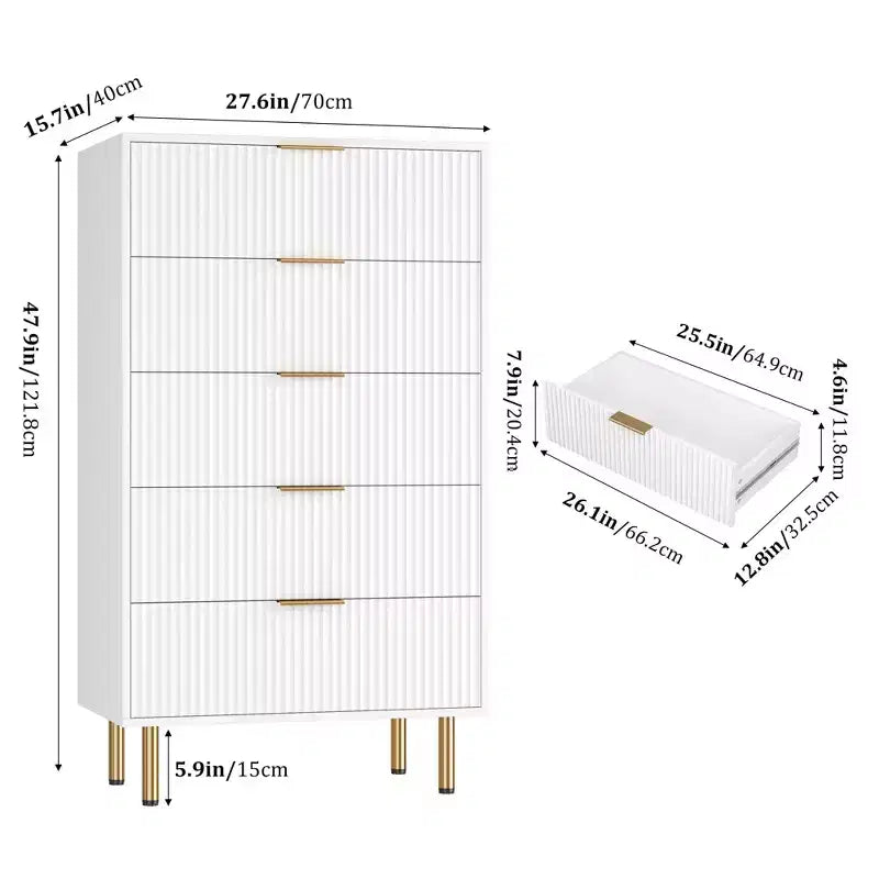 Cassettiera a 5 cassetti Bianca / Marmo e Legno – Pannello scanalato, per 1 persona