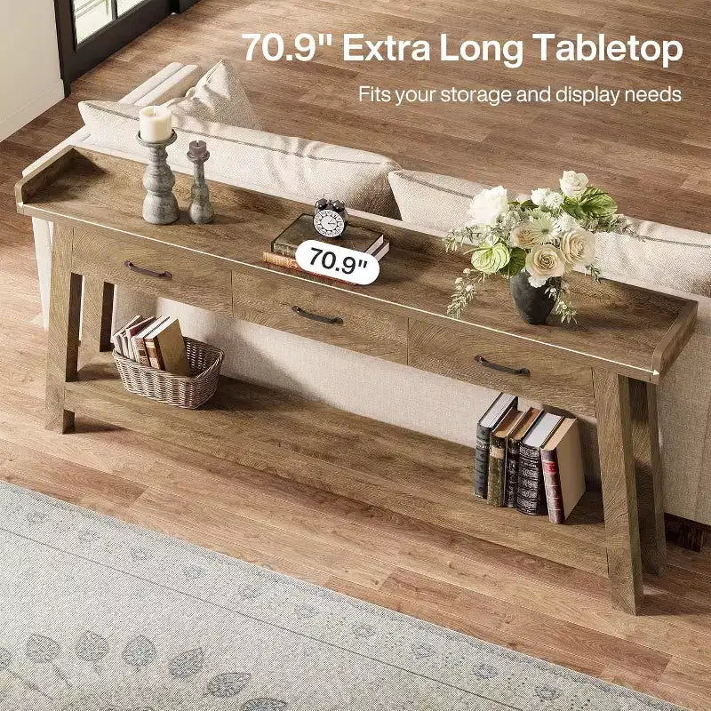 Κονσόλα καναπέ Lantine 2 επιπέδων με 3 συρτάρια, πλάτους 70.9, με υπερυψωμένο διαχωριστικό και ράφια αποθήκευσης για σαλόνι, διάδρομο, είσοδο