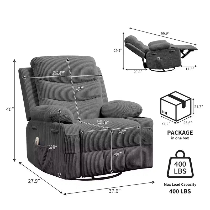 Siġġu recliner kbir li jdur 360 u jitbandal, bil-massaġġi u s-sħana - siġġu ergonomiku għar-rilassament b'holders għat-tazzi u bwiet tal-ġenb għall-kamra tal-għixien u l-mixtla