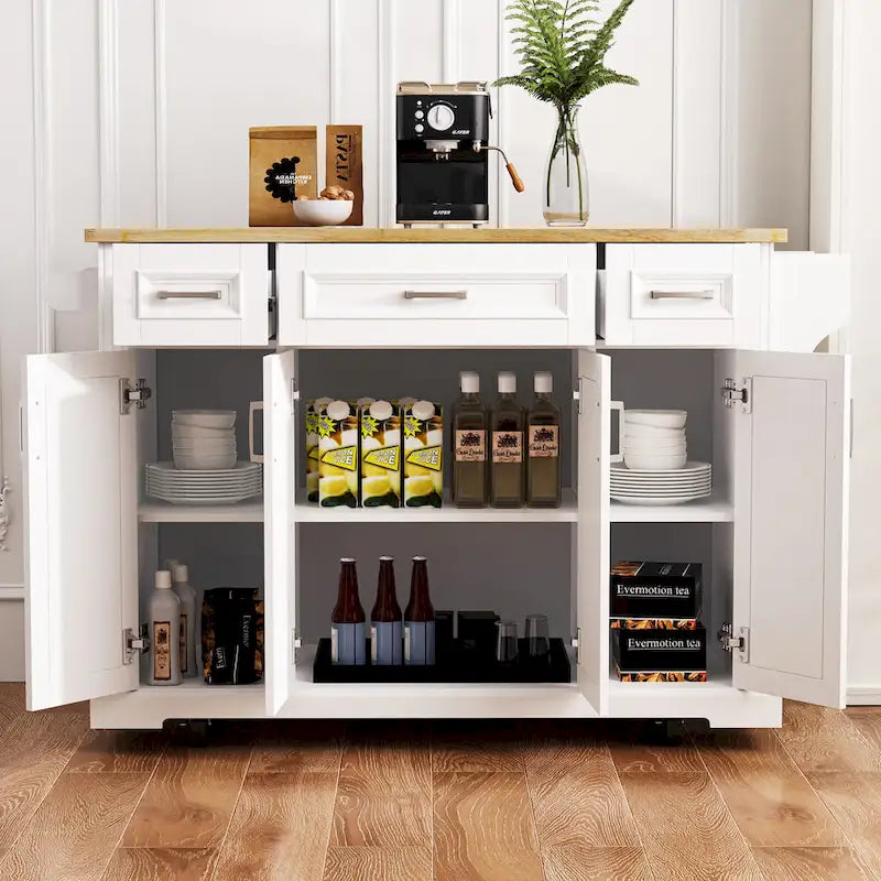 Grande isola da cucina con piano ribaltabile in legno, carrello da cucina con texture goffrata, ante e cassetti, spazio contenitore, bianca
