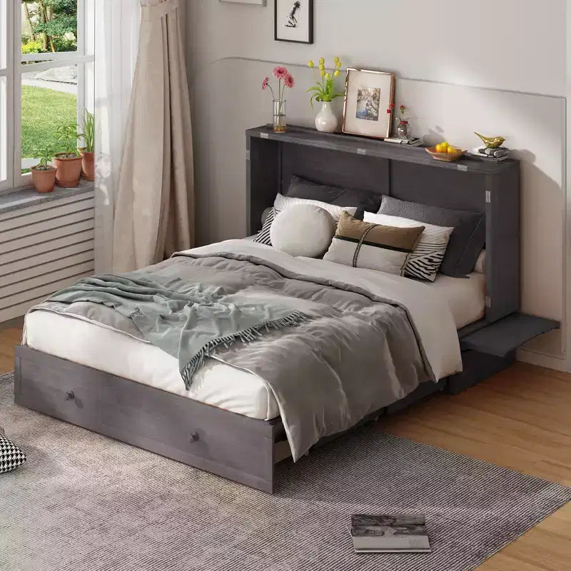 Letto a scomparsa queen Mjkone, letto a cubo con armadio contenitore, stazione di ricarica e spazio portaoggetti