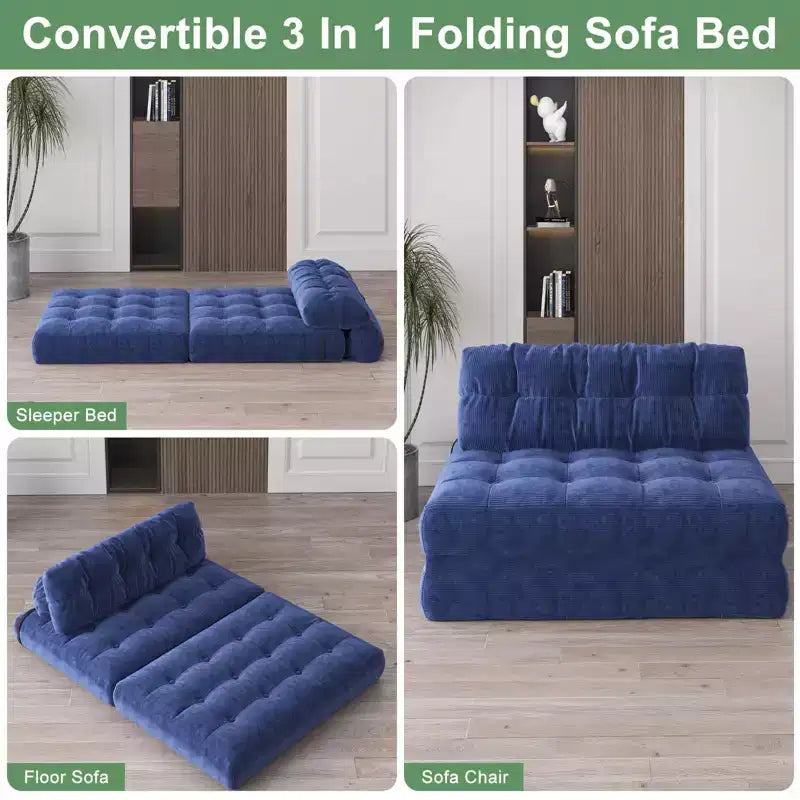 Zusammenklappbares Cord-Schlafsofa als Futon in Full-Größe, umwandelbarer Bodenschlafsessel mit Kissen und Rückenstütze