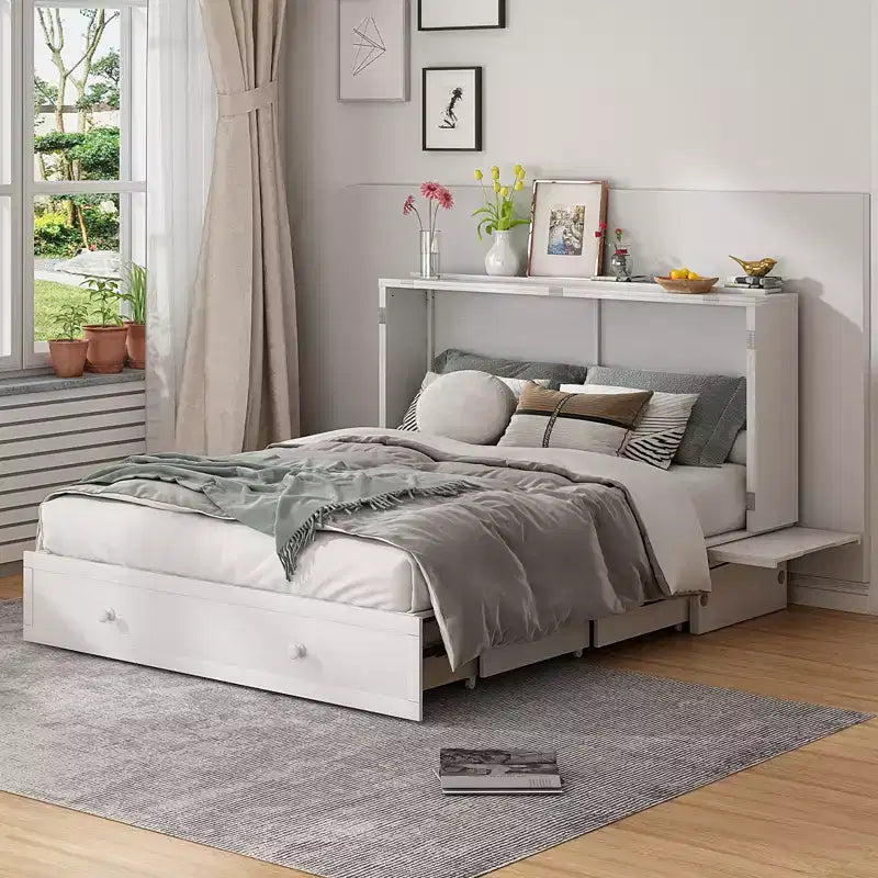 Letto a scomparsa queen Mjkone, letto a cubo con armadio contenitore, stazione di ricarica e spazio portaoggetti