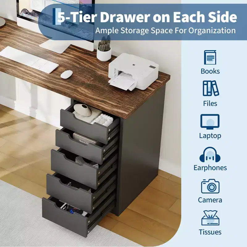 Desk tal-kompjuter ta’ 47 Pulzier b’5 kxaxen għall-ħażna, mejda moderna rustika riversibbli għall-istudju u l-kitba, workstation għall-uffiċċju tad-dar għal spazji żgħar