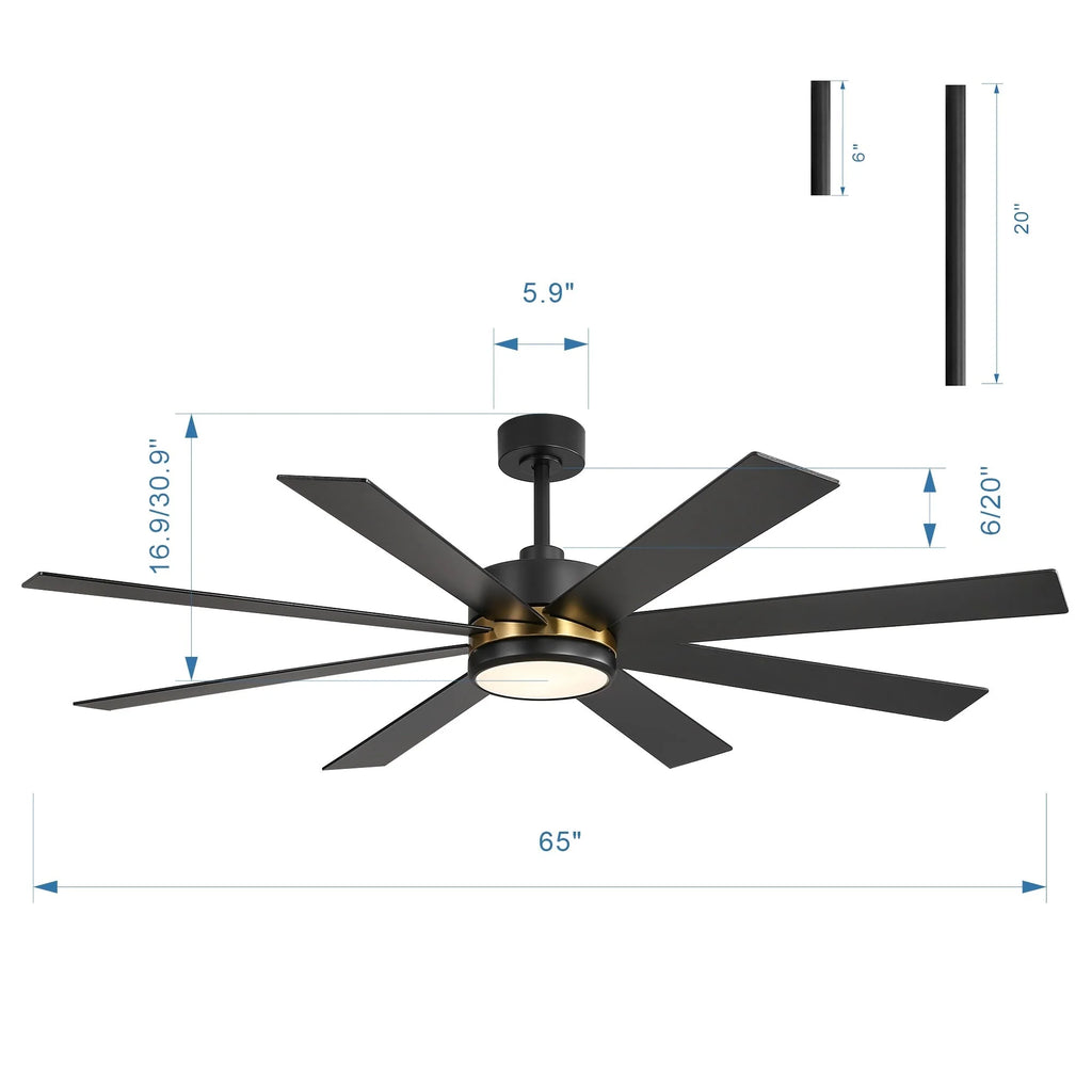 Ventilatore da soffitto nero da 65 pollici con 8 pale, LED, luce e telecomando