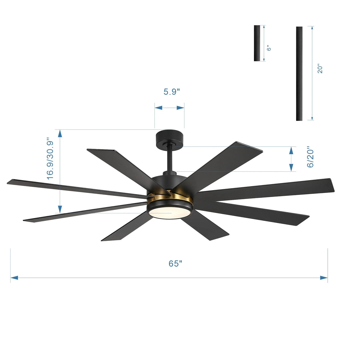Ventilatore da soffitto nero da 65 pollici con 8 pale, LED, luce e telecomando