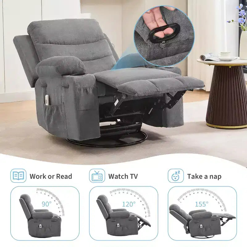 Swivel Rocker Recliner Chair with Massage & Heat, 360 Glider with Cup Holders & Side Pockets, Ergonomic Lounge Sofa for Living Room, RV, Nursery