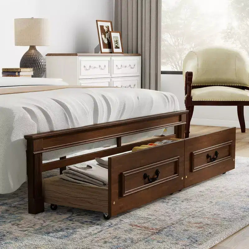 ModernLuxe Queen/King Size Platform Bed with Tall Headboard, Rustic Wood Bed Frame with 2 Drawers, LED Lights & USB Ports
