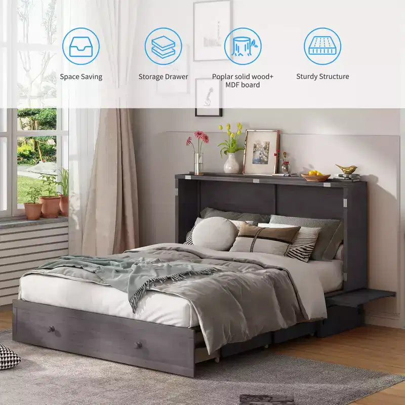 Letto a scomparsa queen Mjkone, letto a cubo con armadio contenitore, stazione di ricarica e spazio portaoggetti