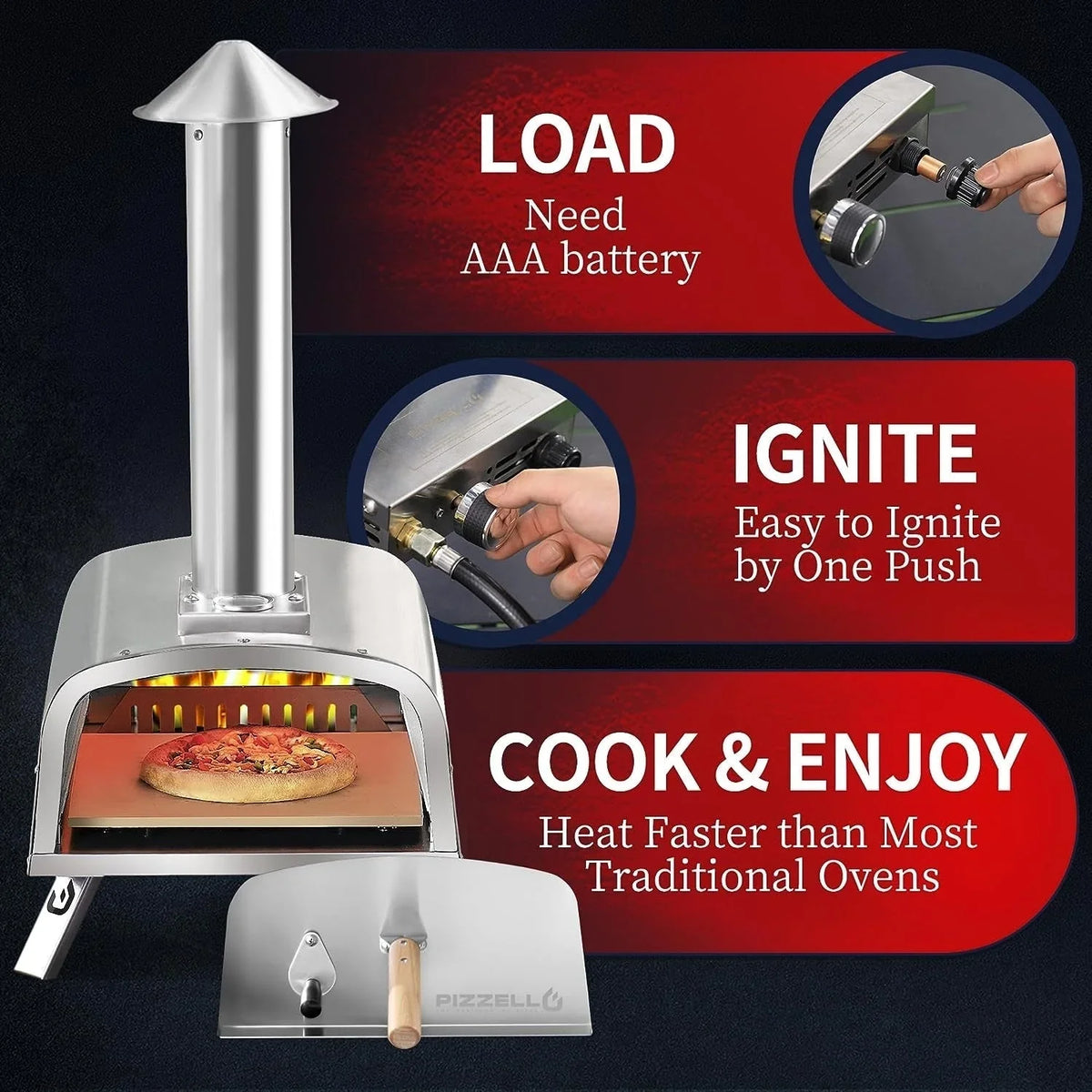 Forn tal-pizza ta’ barra b’diversi fjuwils, apparat għall-pizza moħmija fuq il-ġebel b’berner tal-gass u kaxxa għall-injam - 12-il pulzier